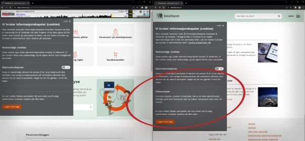 Datatilsynets cookie-popup, før og etter kode24s spørsmål. 📸: Ole Petter Baugerød Stokke
