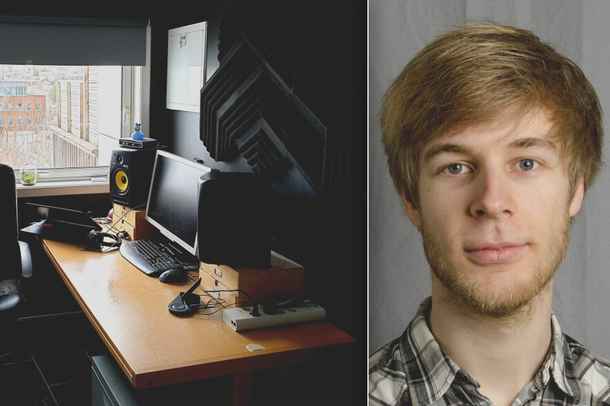 Iver Jordal jobber som machine learning engineer, eller maskinlæring-utvikler, hos Nomono. Som hjemmekontoret hans bærer preg av, handler det om lyd. 📸: Privat