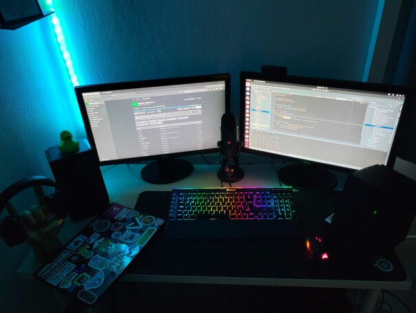 På hjemmekontoret har Ylva blant annet rigget seg til med Corsair Gaming K95 RGB PLATINUM Speed (tastatur), Corsair SCIMITAR PRO RGB Optical MOBA/MMO Gaming Mouse, 2x Benq GL2450 24' Full HD (skjermer) og et HyperX Cloud MIX Gaming Headset. 📸: Privat