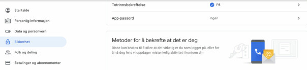I Gmails brukerinnstillinger kan vi aktivere totrinnsbekreftelse og opprette et app-passord.
