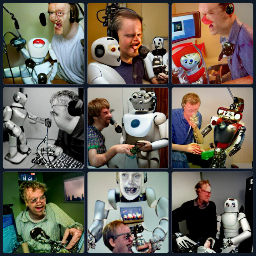 'A man called Ole Petter Baugerød Stokke hosting the podcast called Kode24-timen with a laughing robot' ifølge crayion.com. Tusen takk, når får jeg ikke sove i natt, heller. 📸: craiyon.com
