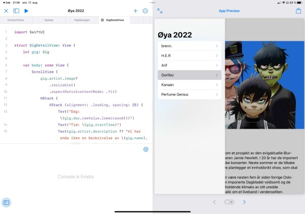 En veldig tidlig MVP skrevet i Playground på iPad-en.