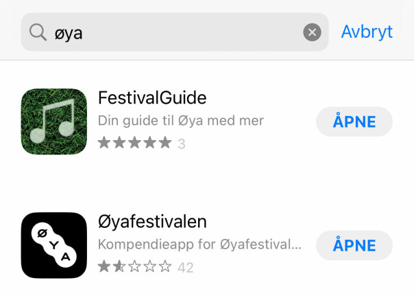 Søkeresultat i App Store på ordet 'Øya'.