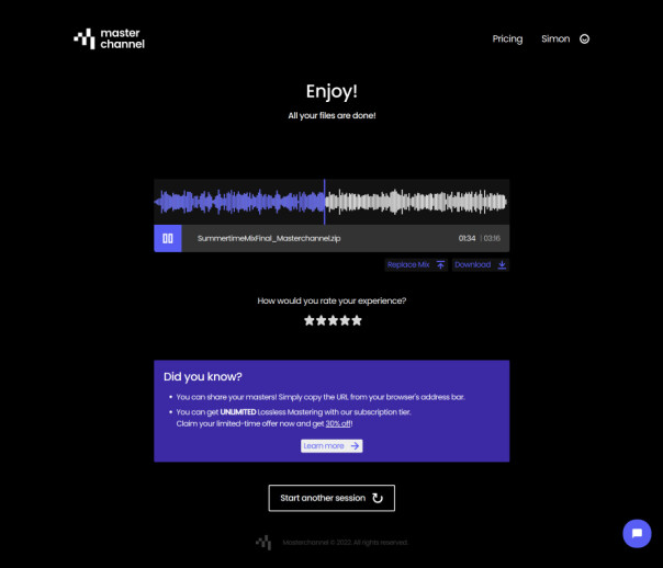 Slik ser det ut når du mottar en ferdig mastret låt i webapplikasjonen.