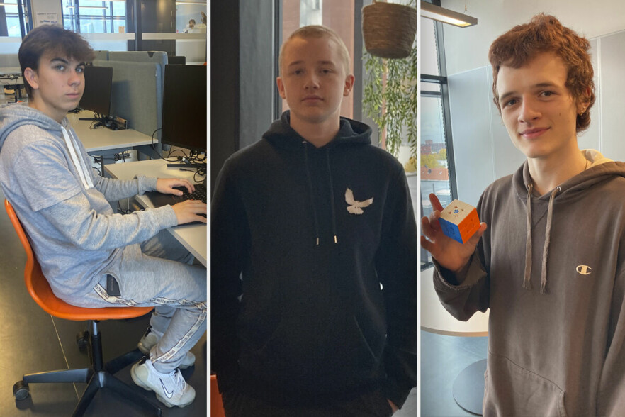 Kornel Lowczanin, Thomas Gulbrandsen og Oliver Mio Leander Bing-Hansen er tre av elevene på IT-utvikling ved Kuben VGS, som jobber mot fagbrev som utviklere. Men for å få til det, må de finne lærlingplass. 📸: Mona Sæther Evensen