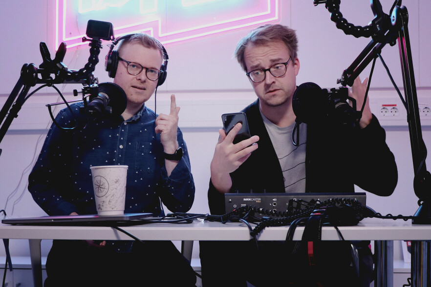 Jørgen og Ole Petter i Rød Løper-studioet, fordi det studioet vi egentlig vil bruke aldri er ledig for tida. 📸: Ole Petter Baugerød Stokke