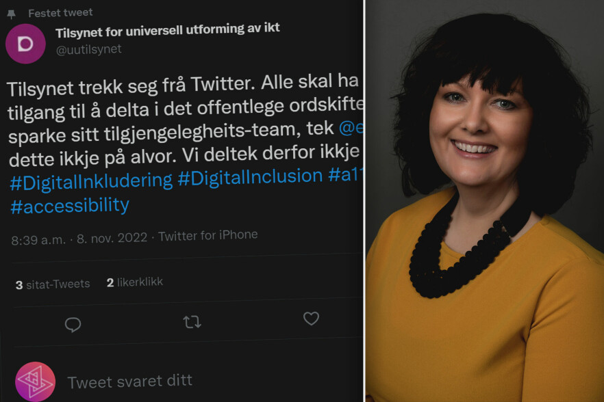 Tilsynet for universell utforming av ikt trekker seg fra Twitter, melder de på Twitter. Avdelingsdirektør Malin Rygg håper flere i det minste vil vurdere det. 📸: kode24 / Digdir
