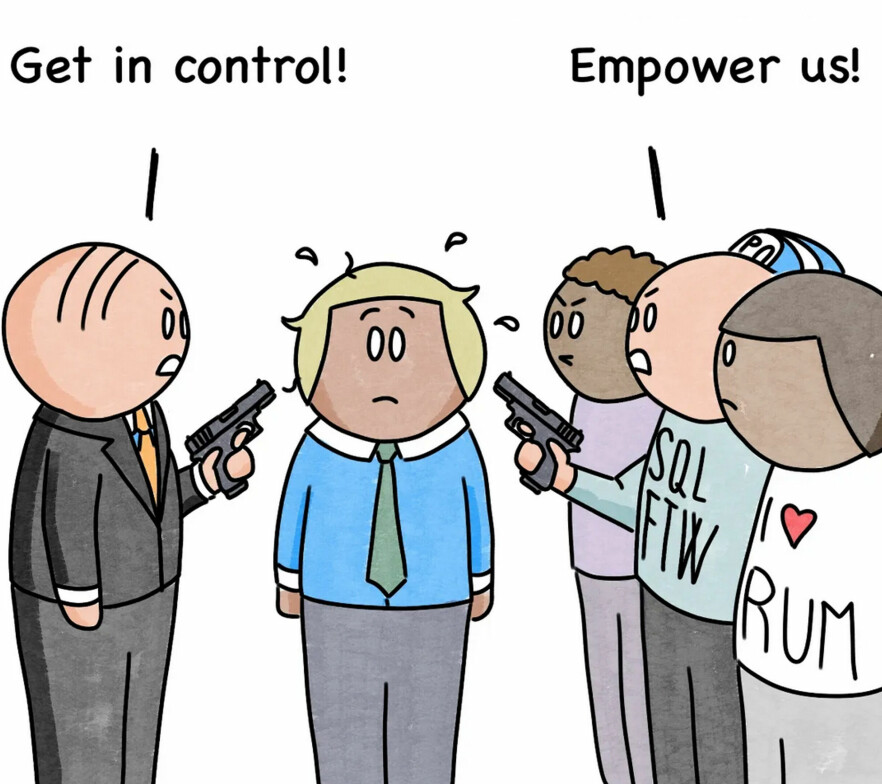 Produkteier er i skvis mellom ledelsen og utviklingstemaet - så hvordan unngår vi at det skaper problemer? 📸: comicagile.net / CC 4.0
