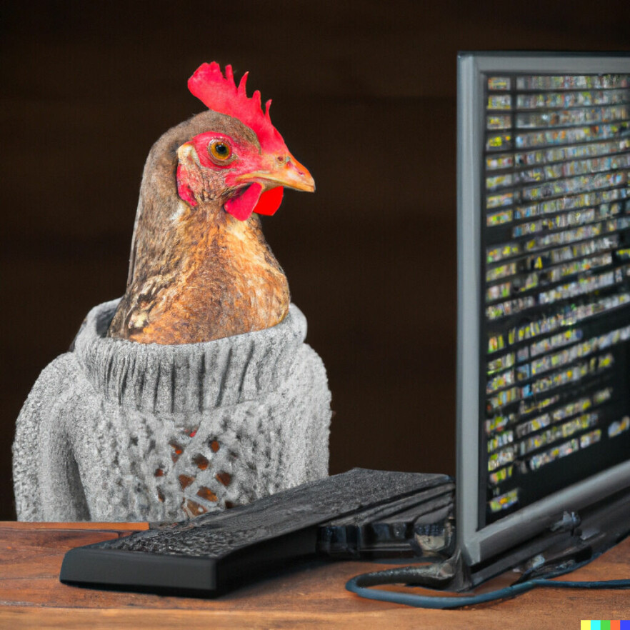 'A chicken writing code on a computer'. 📸: DALL·E
