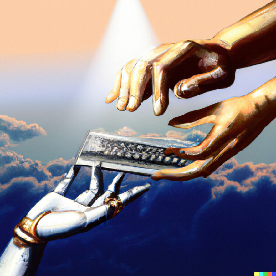 Den generative AI-en Dall-e har tatt på seg kunstnerhatten og mekka dette bildet til prompten 'A painting in the style of The Creation of Adam by Michelangelo, but Adam is a robot and god is handing him a keyboard'. 📸: Dall-e / Mattis Vaaland