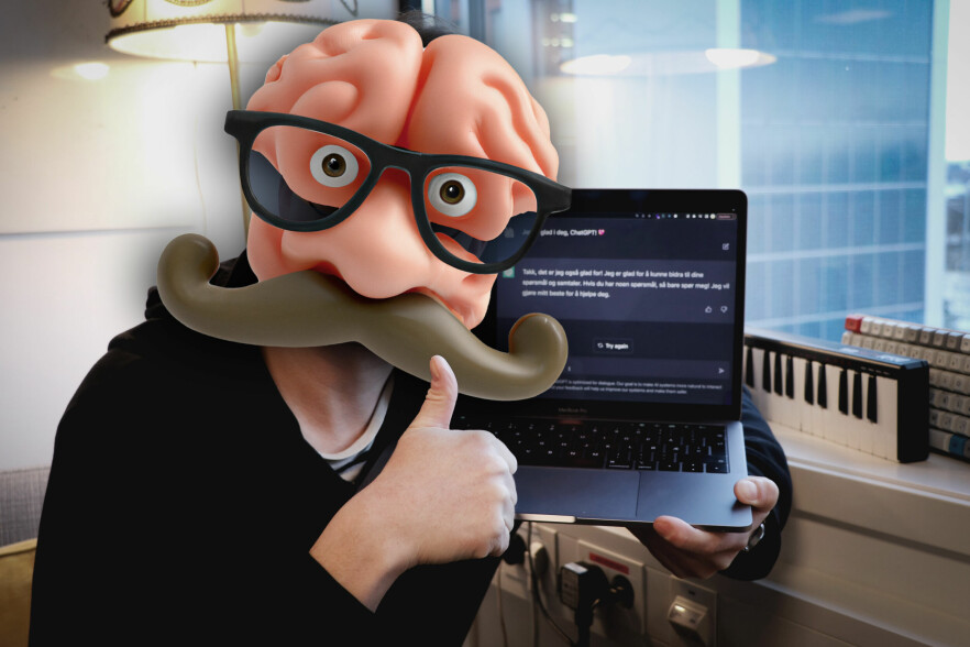 En menneskehjerne, tegna av den generative AI-en Dall-E, som prater med den generative AI-en ChatGPT. Jeg vet ikke nøyaktig hva jeg prøver å illustrere her for å være helt ærlig, men sånn er det med kreativitet, si? 📸: Jørgen Jacobsen / Dall-e / Ole Petter Baugerød Stokke / Universets magiske tryllestøv aka. Kreativiteten