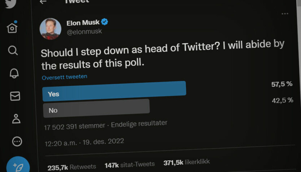 Musk spurte Twitter om han skulle gi seg. 18 millioner stemmer senere viser det seg at ja, det vil de