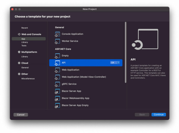 Nytt .NET Core prosjekt i Visual Studio, velg API template