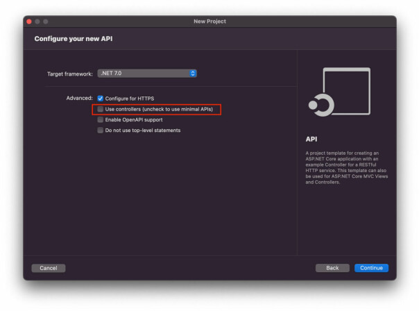 Velg Minimal API og .NET 7