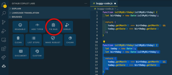 Vi kan ikke garantere at Copilot Labs klarer å fikse alle buggene i koden din. Men noen fikser den i hvert fall fint. Øverst til høyre med bug, under uten bug.