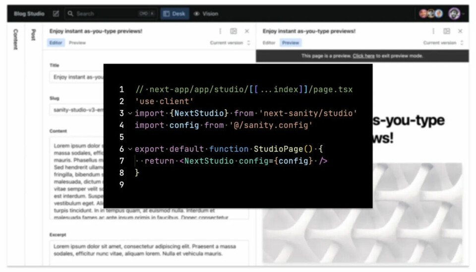 Eksempel på hvordan Studio-editoren enkelt kan embeddes i en React/Next-applikasjon. 📸: Sanity
