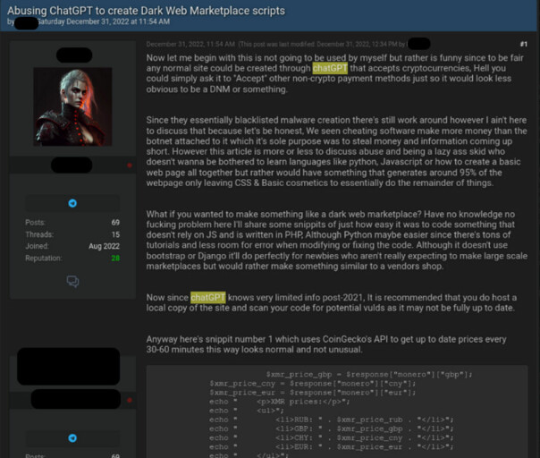 Trusselaktør som bruker ChatGPT til å lage DarkWeb Market-skript. 📸: Check Point Research