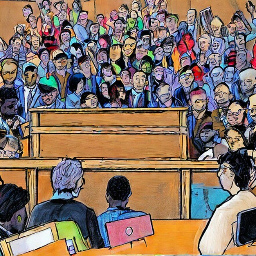 Stable Diffusion er et populært tekst-til-bilde-verktøy, men har høstet mye kritikk fra kunstmiljøet. Her 'three artists in court suing a technology company'. 📸: Stable Diffusion