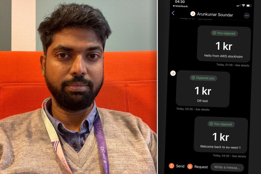 - For å sikre at vi var 100 prosent fornøyd, overførte vi 1 krone via Vipps fra en konto til en annen. Og til hele teamets glede var det vellykket, skriver Arunkumar Soundar, tech lead for Open Banking-teamet i DNB. 📸: Privat / kode24