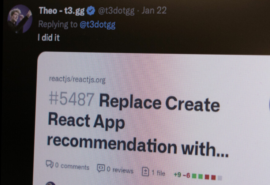 På tide å slutte å anbefale Create React App? Utvikleren Theo Brown sendte inn en pull request til den nye offisielle React-dokumentasjonen. 📸: Kurt Lekanger