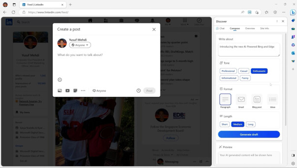 Her ser du hvordan OpenAI-teknologien skal integreres i nettleseren Edge, i dette tilfelle for å hjelpe noen å skrive noe fornuftig på LinkedIn. 📸: Microsoft