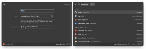 Med QuickLinks kan du lage smarte snarveier, og snarveiene kan ta parametere som automatisk settes inn i URL-en.