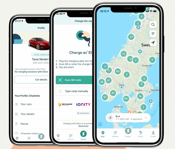 Appen har oversikt over ladestasjoner, og en ruteplanlegger som skal gi deg elbilspesifikke funksjoner du ikke har i for eksempel Google Maps. 📸: Elton Mobility
