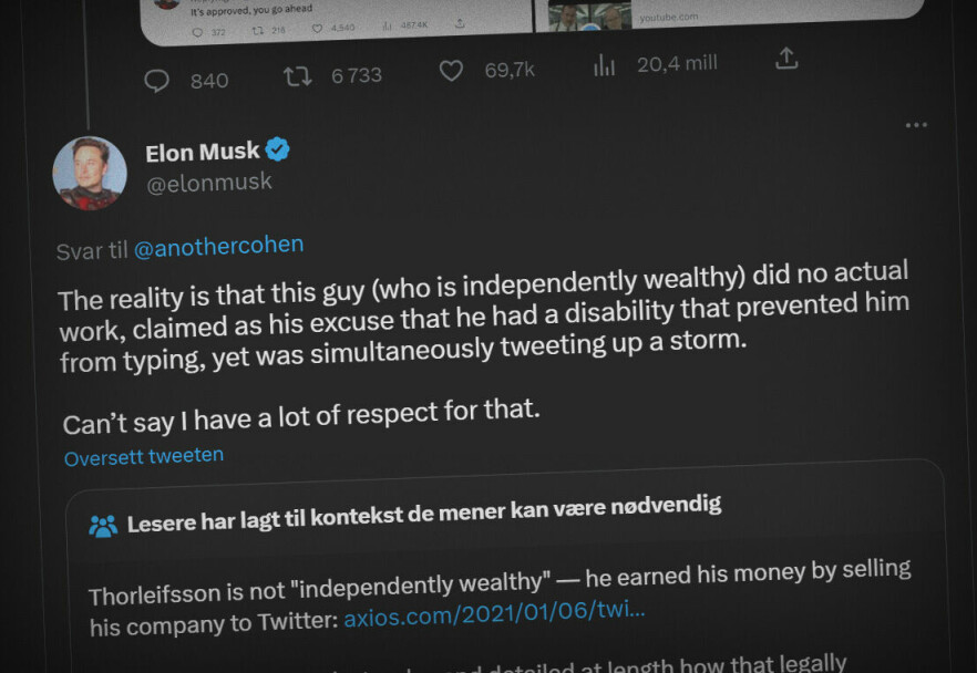 Elon Musk langet ut mot tidligere Twitter-utvikler Halli Thorleifsson, men beklager nå oppførselen. 📸: kode24
