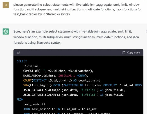 Eksempel på hvordan ChatGPT kan lage komplekse SQL-spørringer. 📸: CelerData