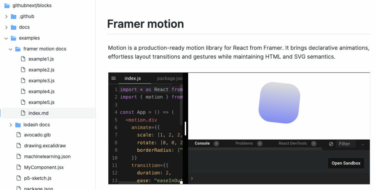 Her har GitHub Next laget et eksempel på hvordan man kan berike dokumentasjonen til Framer Motion med live demoer av koden i stedet for statiske skjermbilder.