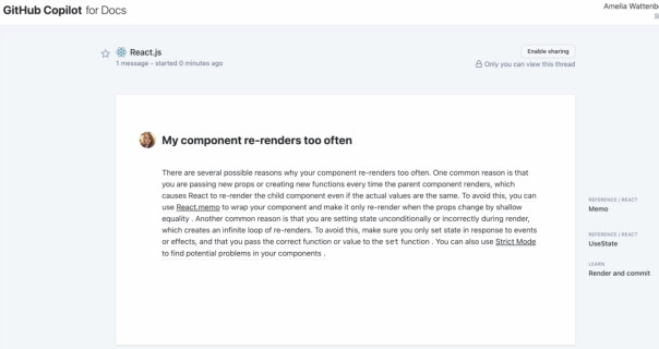 Her brukes Copilot Doc til å få svar basert på React-dokumentasjonen, uten at du trenger å lese React-dokumentasjon. 📸: Github