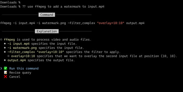 Skriv ?? etterfulgt av hva du vil gjøre, så foreslår GitHub CLI de rette kommandoene, med en forklaring. 📸: GitHub