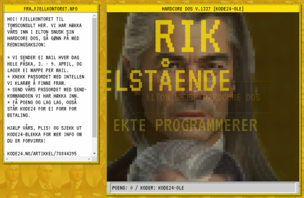 Gjennom Elton Snusk sitt system, litt hacka av fjellkontoret til Tomsconsult, kan du kommusere med de sparkede utviklerne. Du finner den på kode24.no/kodekrim.