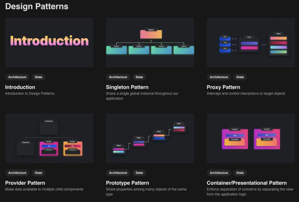Patterns.dev lærer deg ikke bare teorien bak ulike designmønstre og konsepter innenfor programvaredesign, men gir deg også praktiske eksempler på hvordan du implementerer det i React.