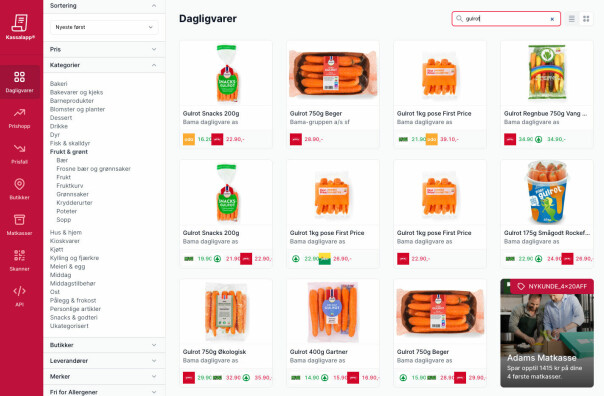 Du kan filtrere dagligvarer etter blant annet kategorier, merker og butikker.