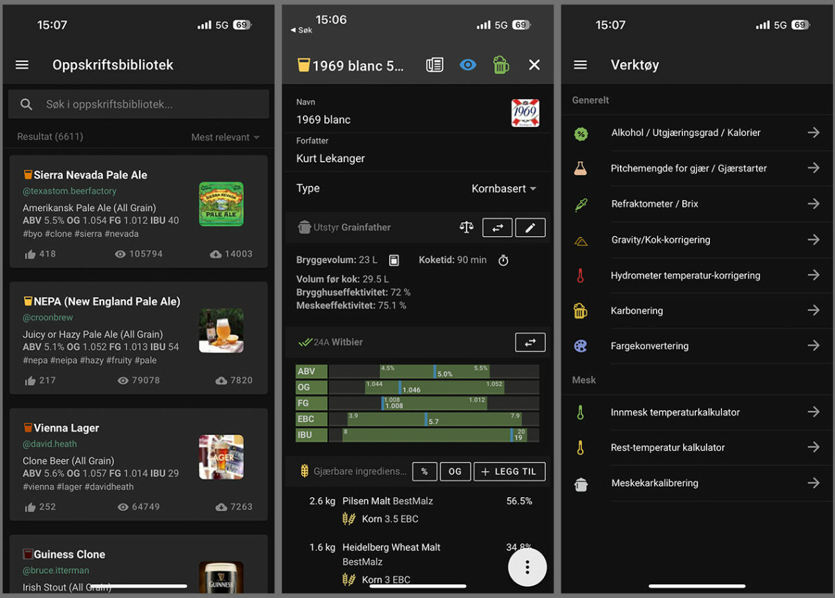 Bilder fra mobilappen, her i 'dark mode'. Med appen kan du sette sammen egne oppskrifter, og sjekke at de er innenfor kravene til ulike ølstiler.