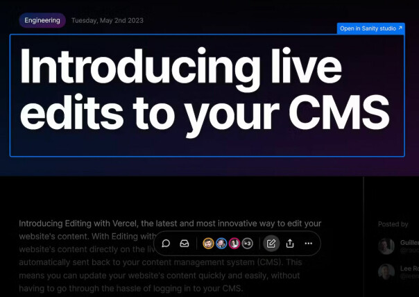 Personer med redigeringstilgang kan klikke en rediger-knapp og få direktelenker fra innhold på nettsiden til riktig sted i headless CMS-løsningen. 📸: Vercel