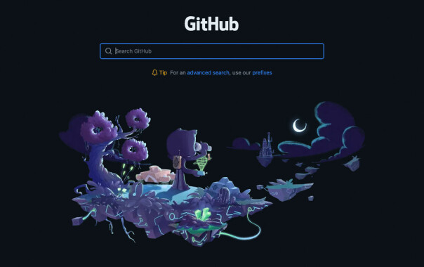 Startskjermen for GitHub-søket. I tillegg har du alltid et søkefelt tilgjengelig øverst til venstre uansett hvor du er på GitHub.