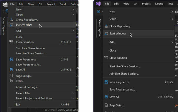 I designforslaget (til høyre) er det mye mer luft i nedtrekksmenyen sammenlignet med dagens design (til venstre). 📸: Microsoft
