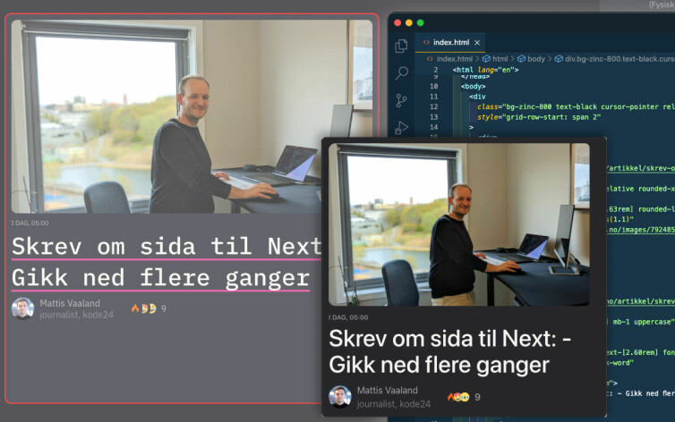 Her har jeg brukt DivMagic til å kopiere Jørgens fine artikkelboks fra kode24.no, og gjøre den om til HTML-kode med Tailwind-CSS som fungerte på første forsøk. Originalen med rød ramme, kopien foran.