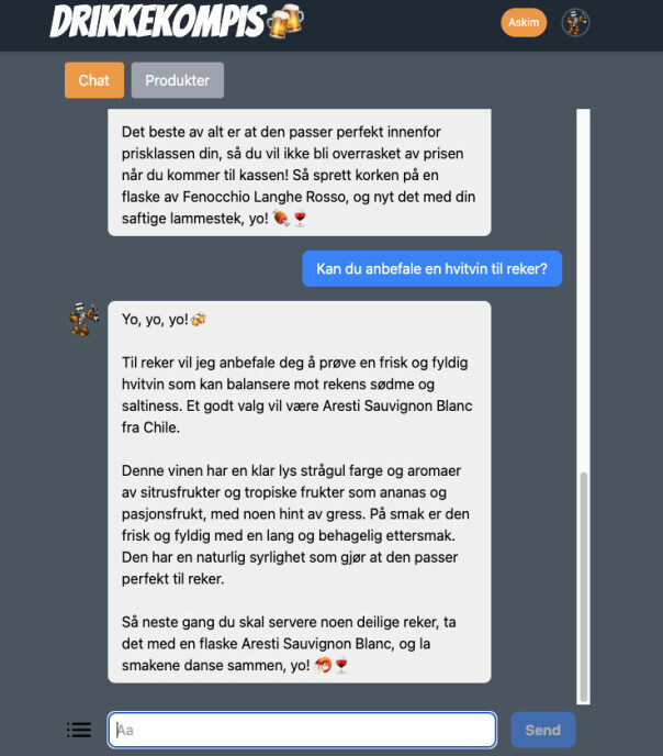 Appen sender inntil 100 produkter til ChatGPT, og ber om anbefalinger basert på det brukeren har tastet inn.