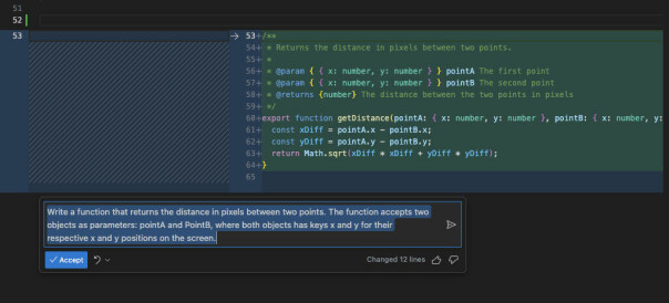 Et trykk på Cmd-I/Ctrl-I henter frem et lite chattevindu ('In-Editor Chat') der du kan stille spørsmål. Kodeforslag dukker opp som en 'diff-visning' i koden din, som du kan velge å akseptere eller ikke.