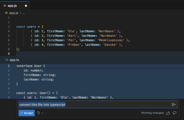 Hvis du ber om å gjøre om koden i en .js-fil til TypeScript, vil resultatet lagres i en .ts-fil med samme navn.