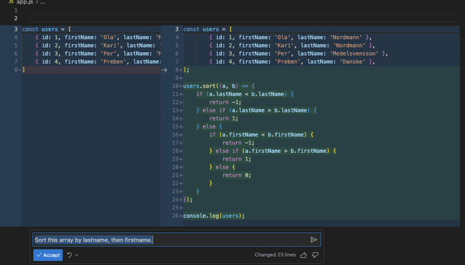 Sortering er en smal sak, og hvis du vil ha det som en gjenbrukbar funksjon i TypeScript er det bare å be Copilot Chat om å fikse det for deg.