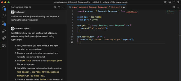 Hvordan var det jeg satte opp en web-server med Express-server igjen? Copilot Chat gir deg kjapt svaret og setter inn koden for deg.