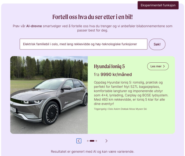 GPT-drevet søkefunksjon på HONK sin forside. Hvert søkeresultat bruker en GPT-generert salgspitch for å gi en tekstlig presentasjon av hver enkelt bil.