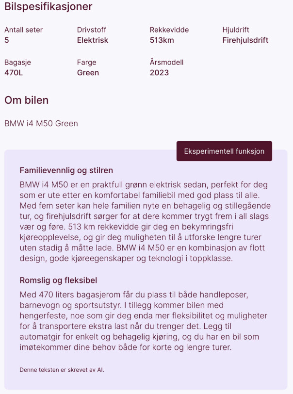 Fit descriptions. GPT-generert beskrivelse av hvem bilen passer for.