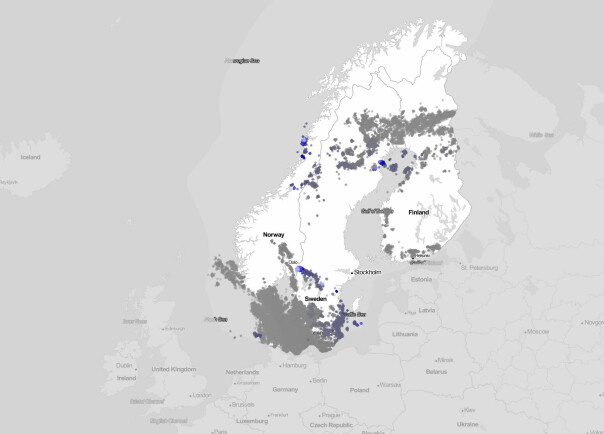 Lynoversikten til Metrologisk institutt viser hvor lyna slår ned i Norge, Sverige, Danmark og Finladn. 📸: Skjermdump
