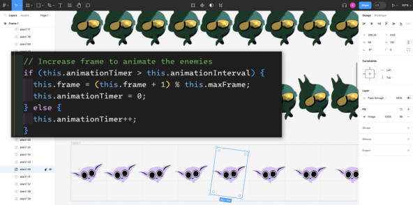 Jeg brukte Figma til å lage sprite-animasjoner med 24 frames per 'fiende', og eksporterte disse som png-filer.