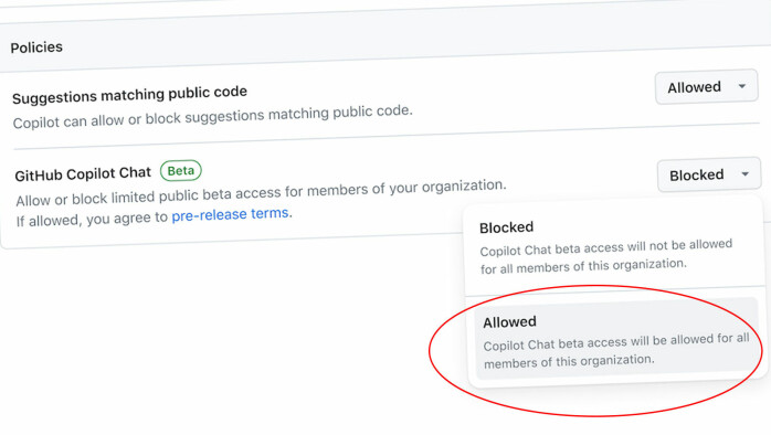 Kodeassistenten Copilot Chat kan nå skrus på hvis du har business-abonnementet. 📸: GitHub/kode24